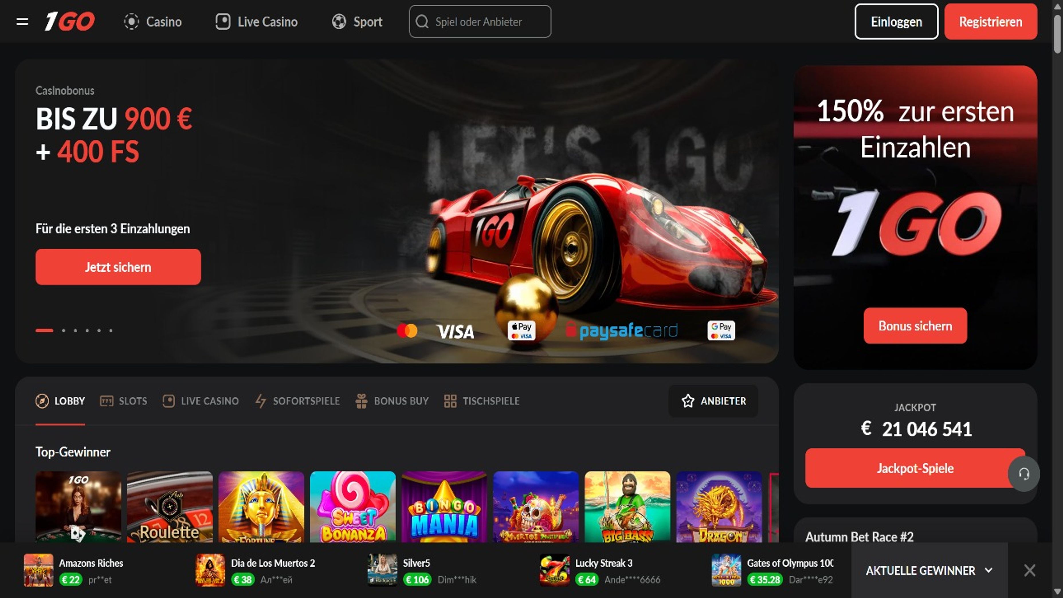 1GO Casino desktop screenshot 1